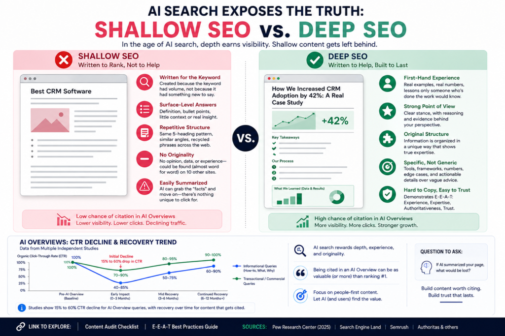 AI Search Only Feels New If Your SEO Was Shallow Shallow SEO vs deep SEO: AI Search visibility, citations, and content depth.